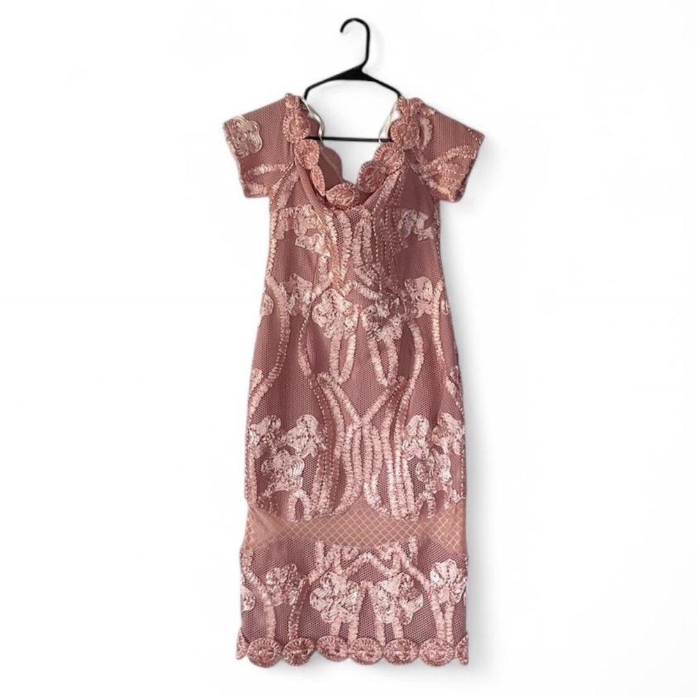 The Clothing Company Pink Sheath Midi Lace and Floral Dress Short Sleeve